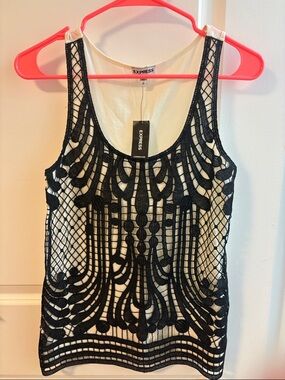 Express Black Crochet Overlay Tank with Ivory Lining